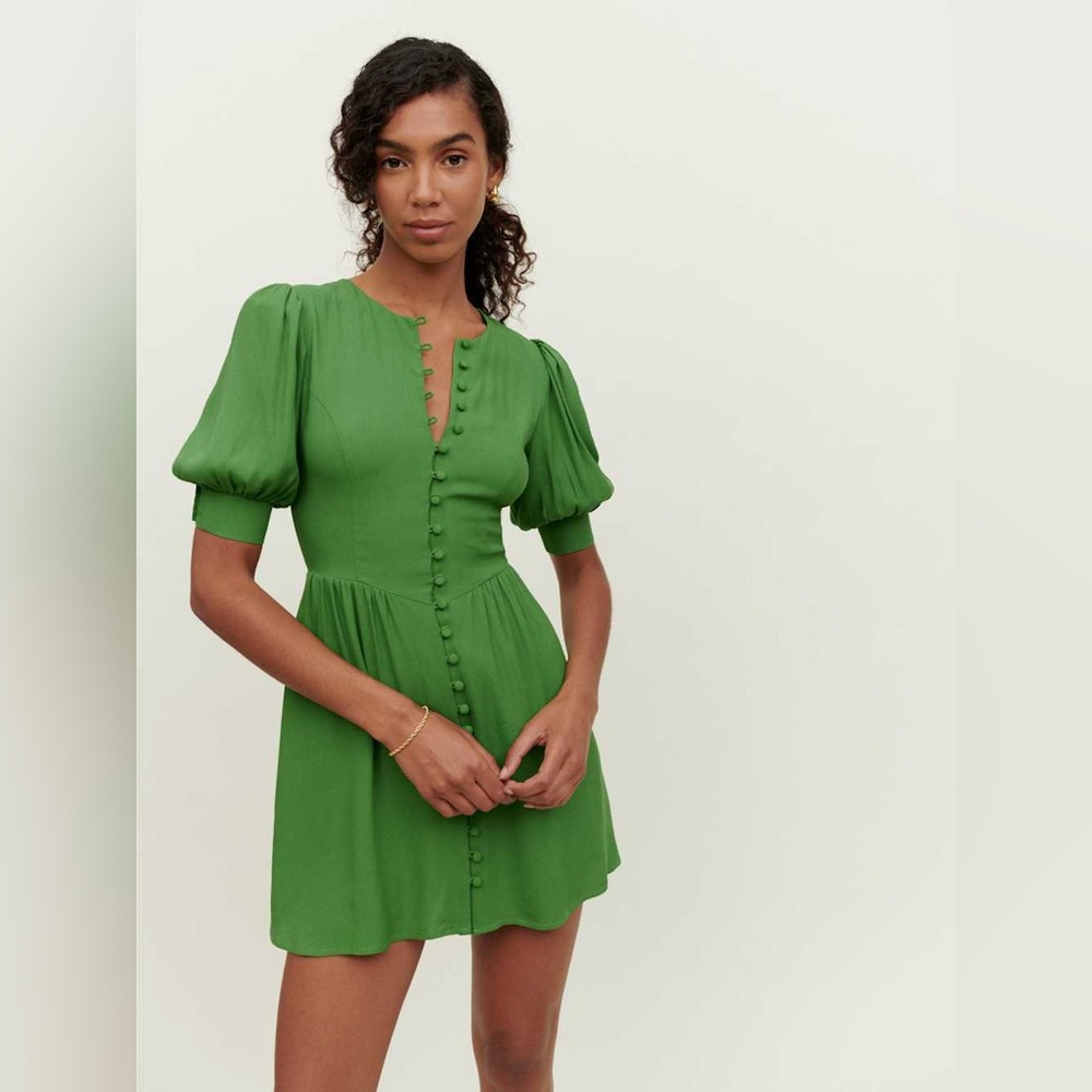 Reformation Laylin Mini Dress Puff Short Sleeve Button Bodice Fit Flare Green